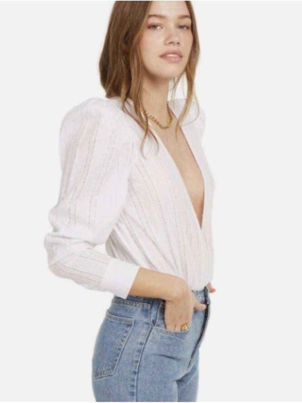 Danielle Bernstein Cotton Plunge V-Neck Bodysuit in White, Women’s size Large